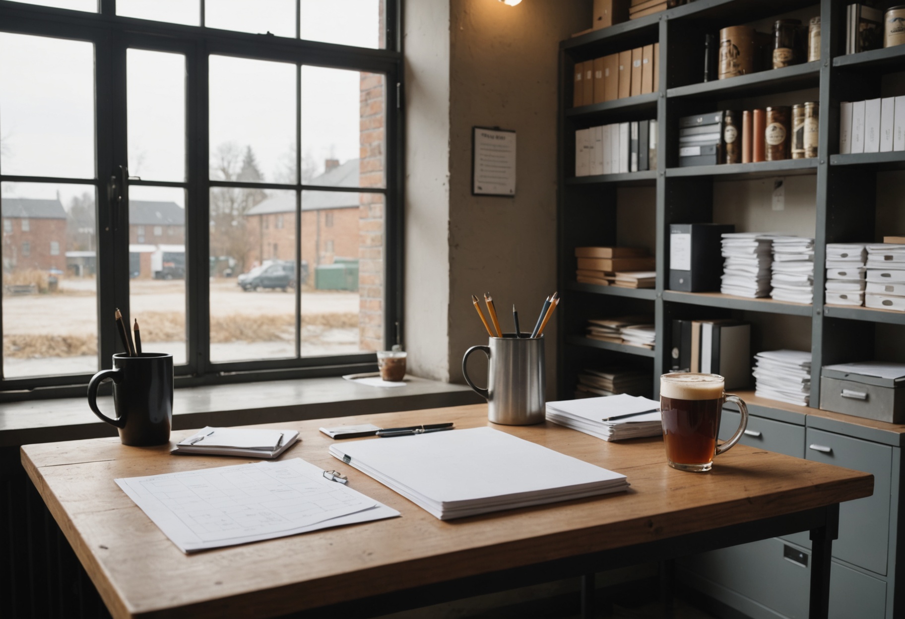 A wooden desk with a blank ledger, folders and a coffee mug beside a window