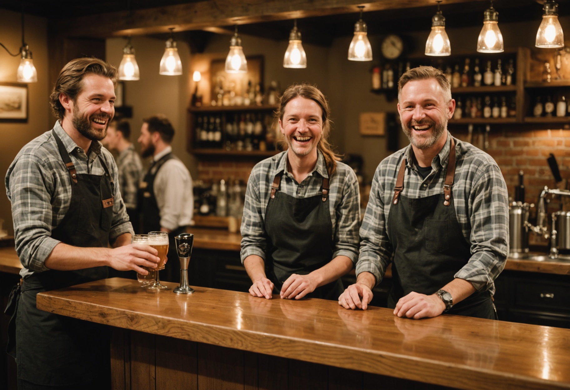 Bar staff in aprons laughing together behind a wooden counter with draught taps