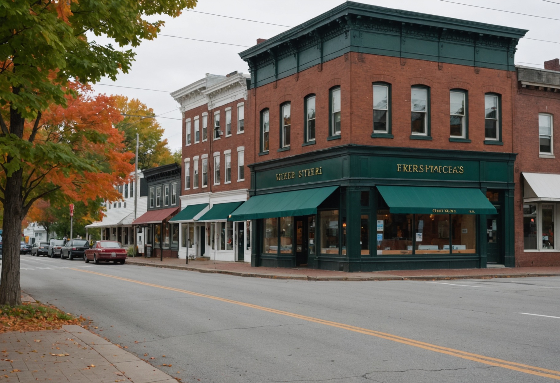 Red-brick commercial building with dark green awnings on a quiet New England street in autumn