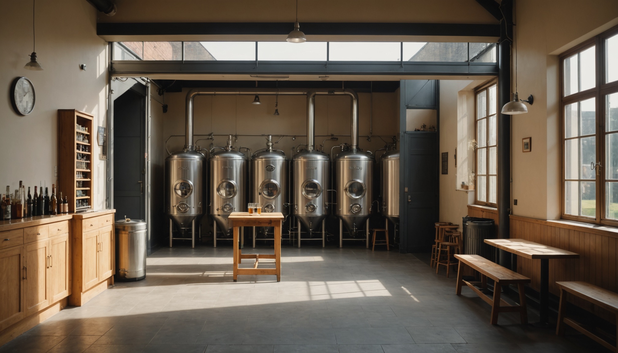 A taproom with steel brewing tanks visible through an open doorway