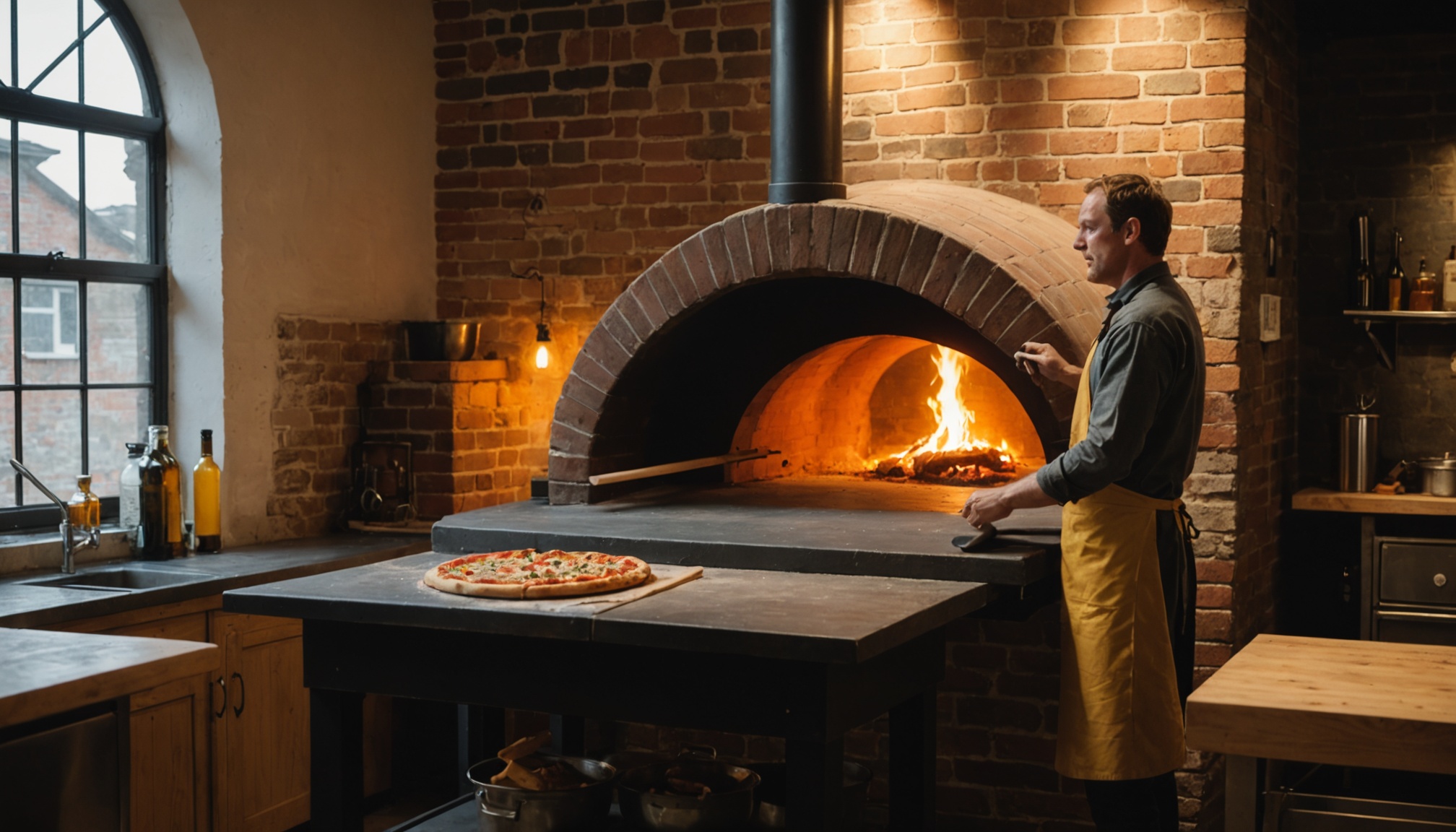 A cook beside a lit brick wood-fired oven, with a pizza resting on the counter
