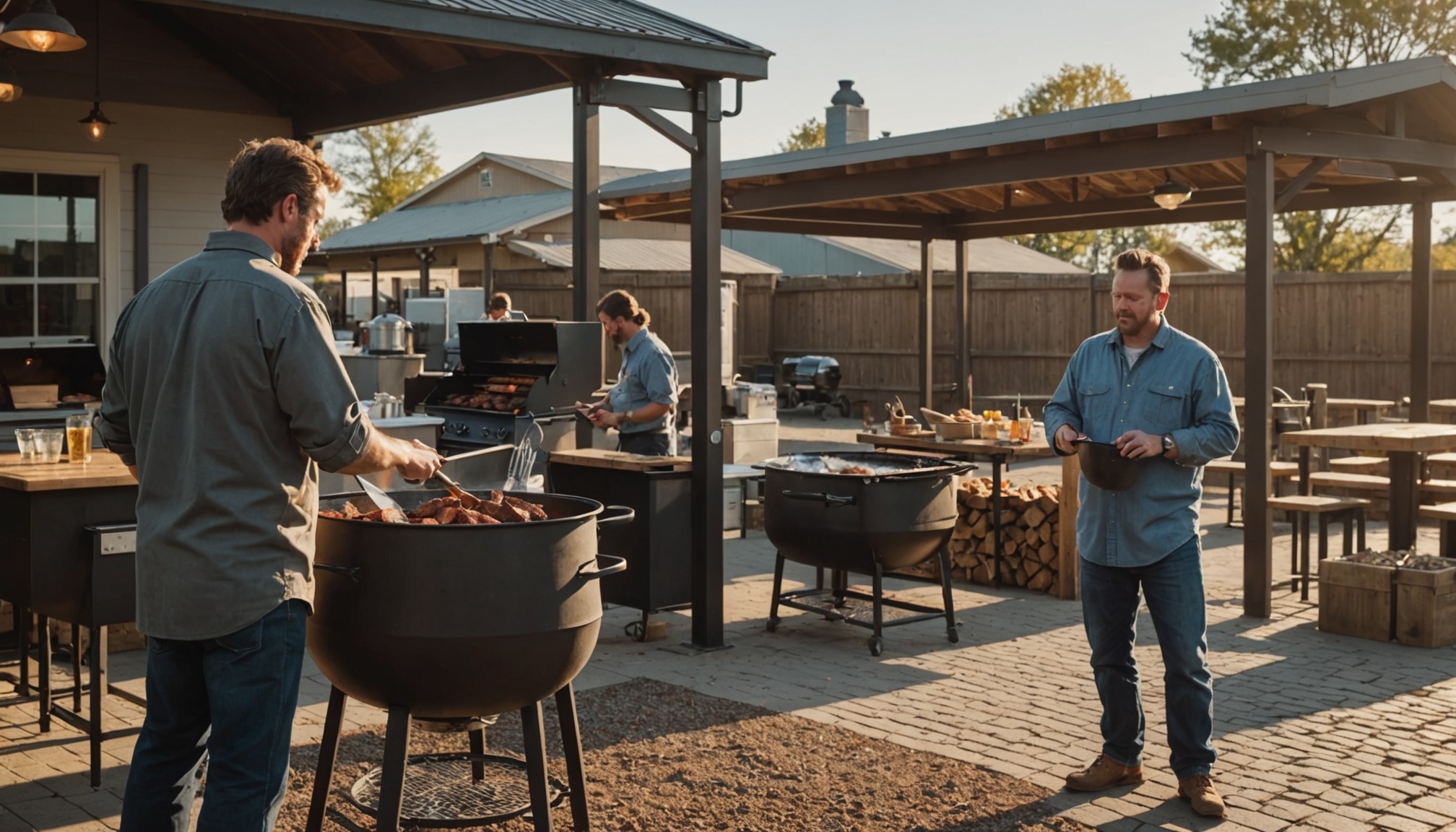 Several large cooking pots and a smoker at work under open-sided metal roofs, with two men tending the meat