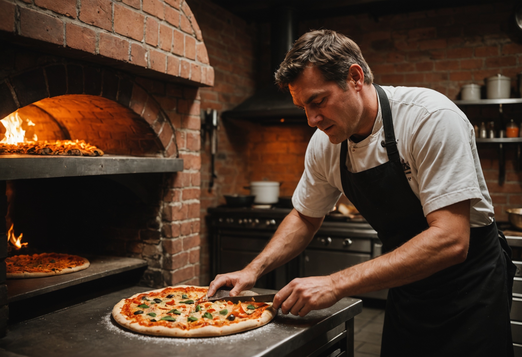 A cook sliding a pizza on a wooden peel into a brick wood-fired oven