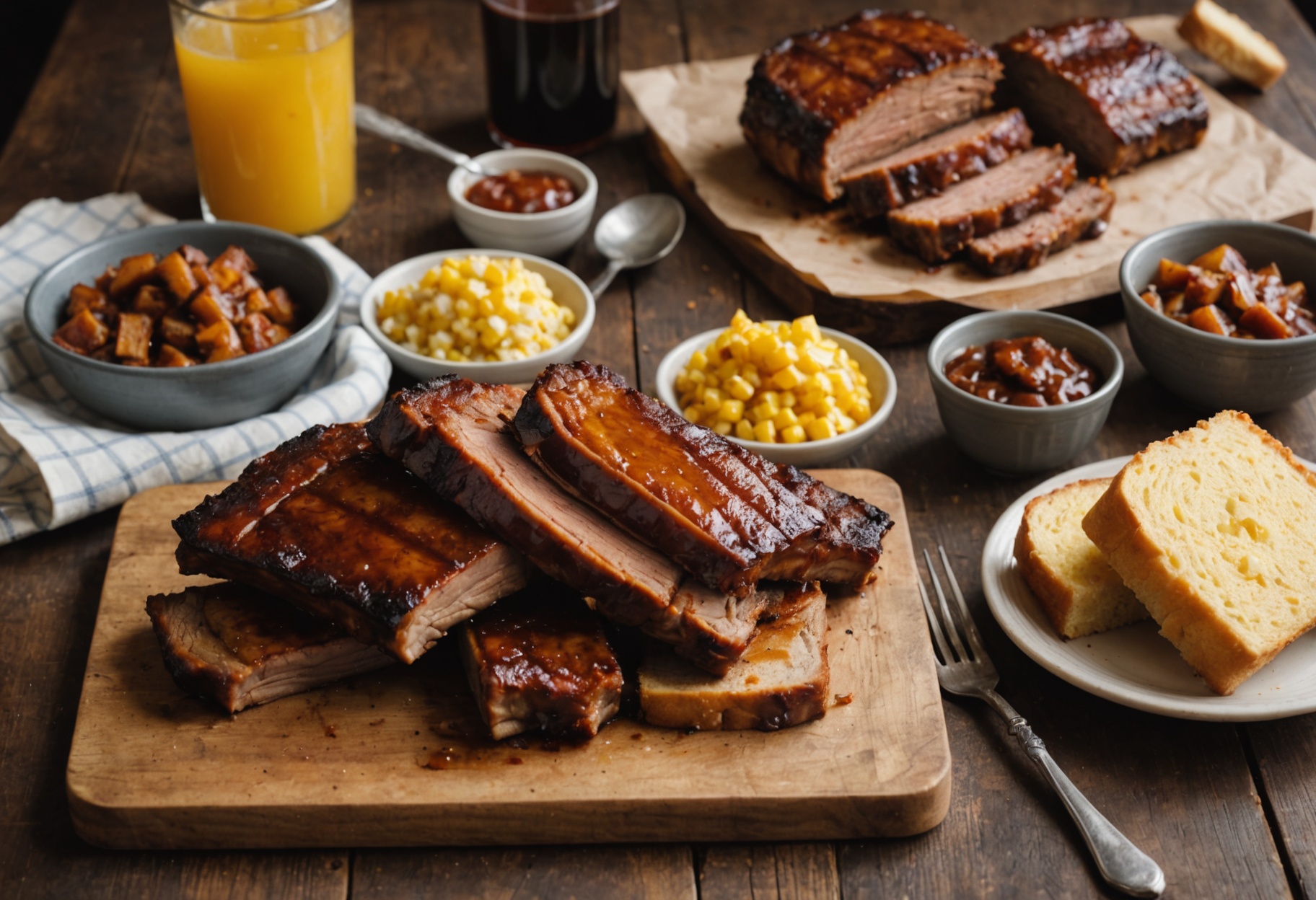 Overhead view of barbecue ribs, sliced brisket and cornbread on a wooden board