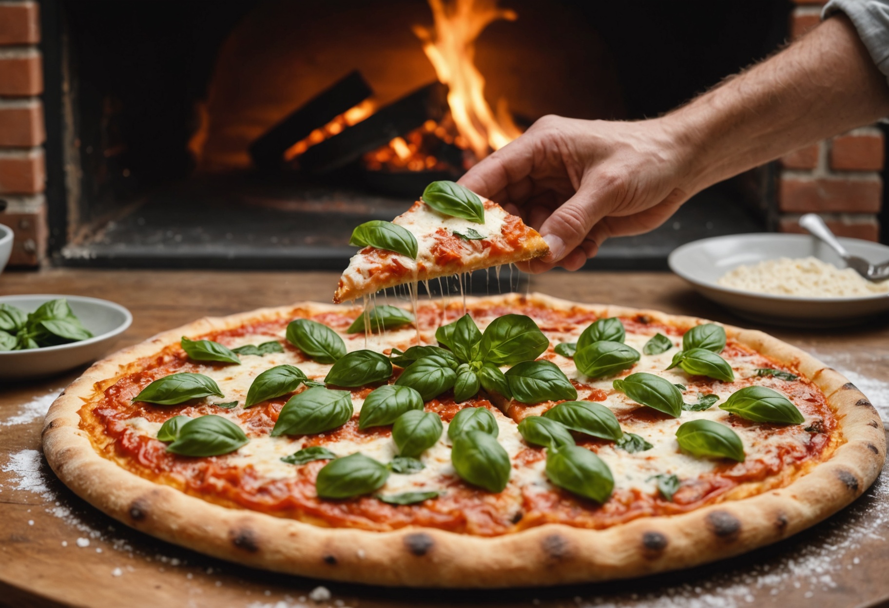A fresh margherita pizza with basil on a wooden peel in front of a wood-fired oven