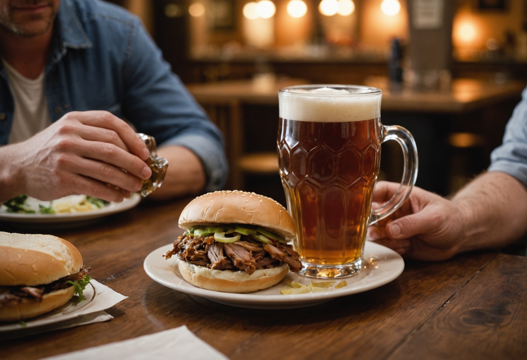 A pint of amber ale beside a pulled pork sandwich on a plain plate