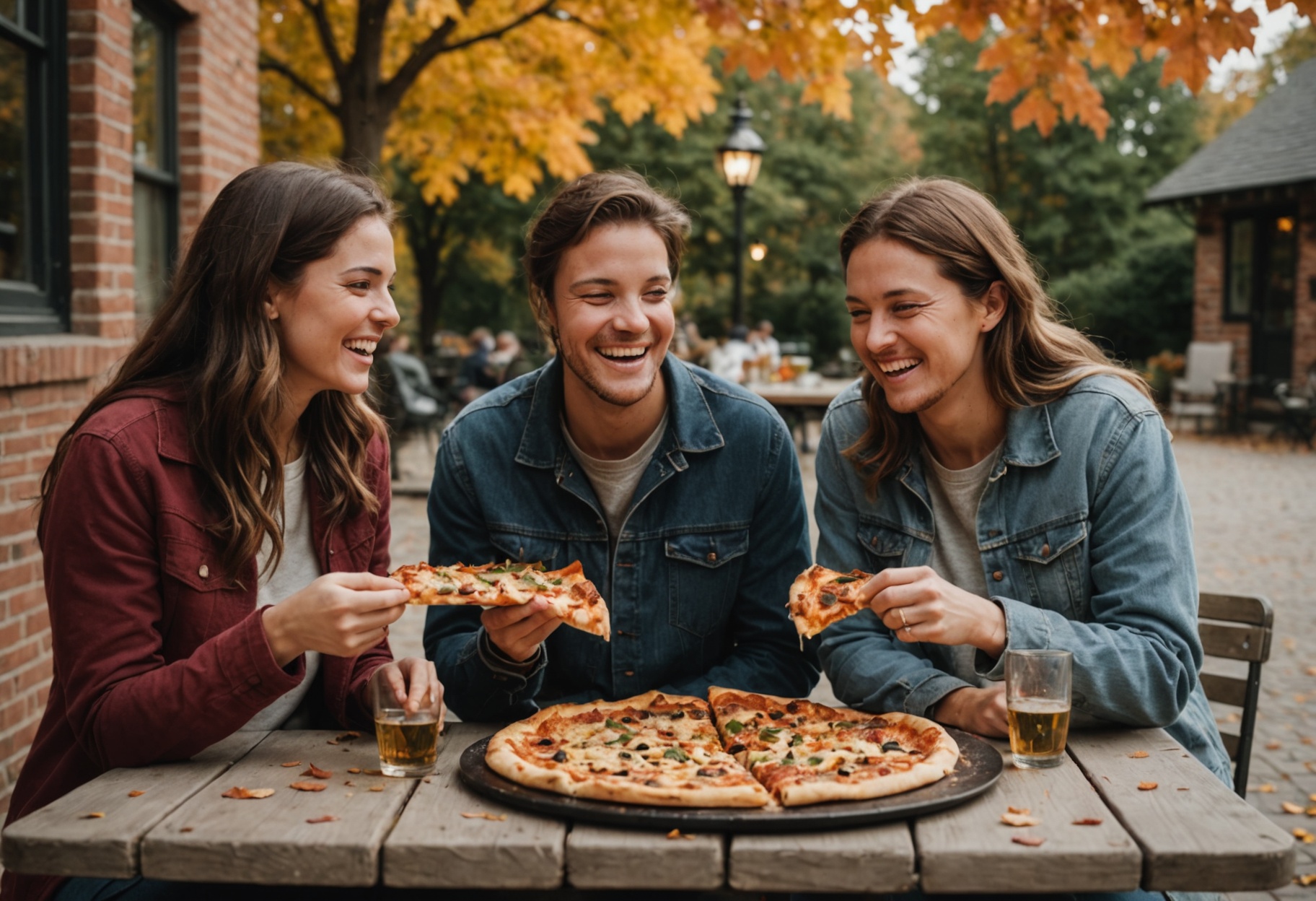 Three people laughing at an outdoor table over pizza slices and a whole pie, with glasses of beer